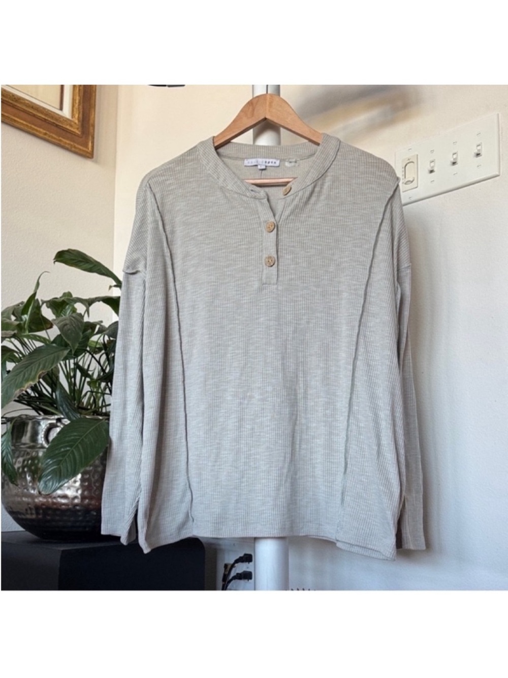 Baltic Born Knit Henley Sweater Top Sz L Crew Boxy Slouchy Lagenlook Gray